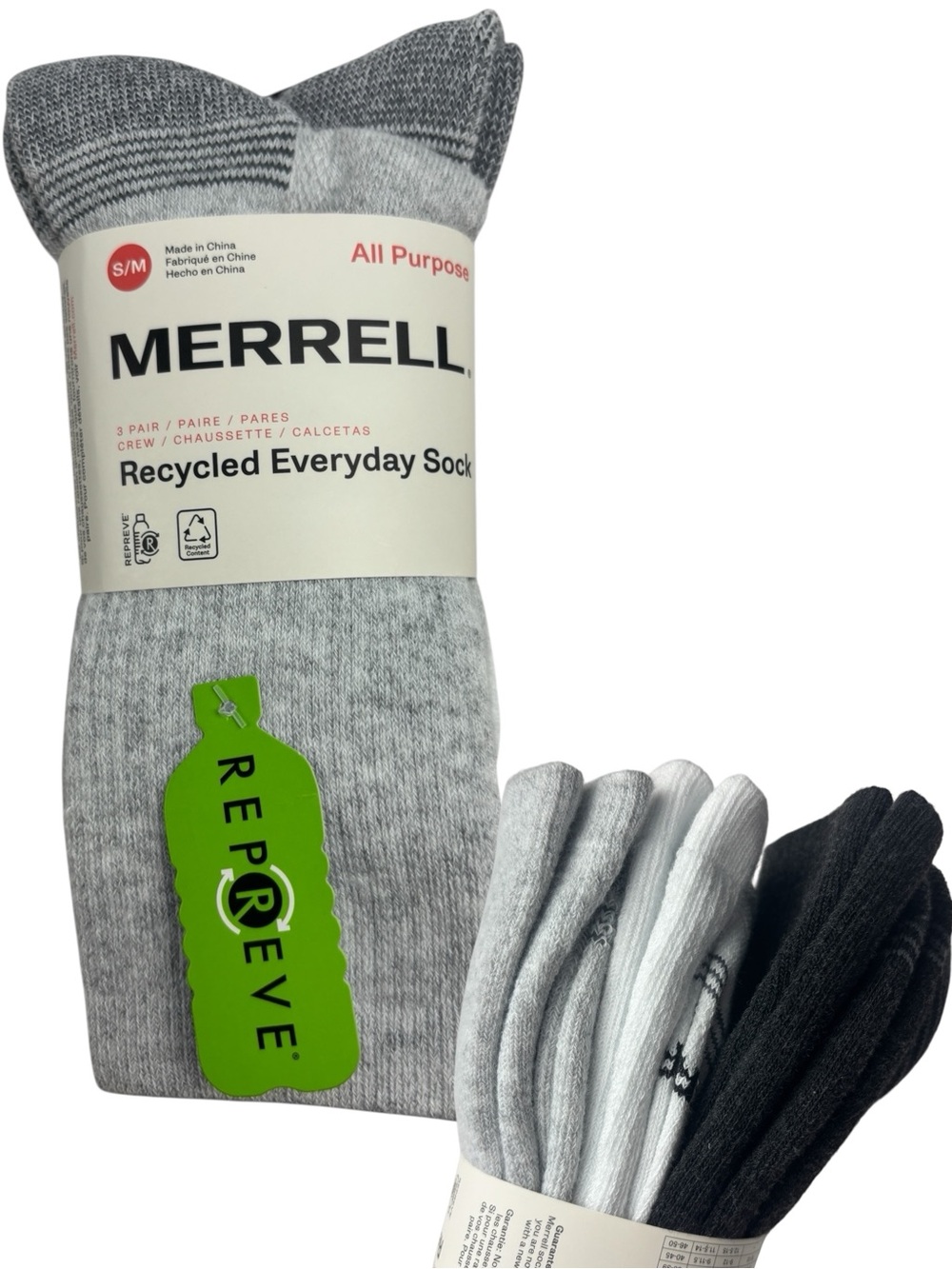 Merrell Unisex Recycled Everyday Crew Socks 3 Pairs Size Women 5-9.5 Men 5-8.5